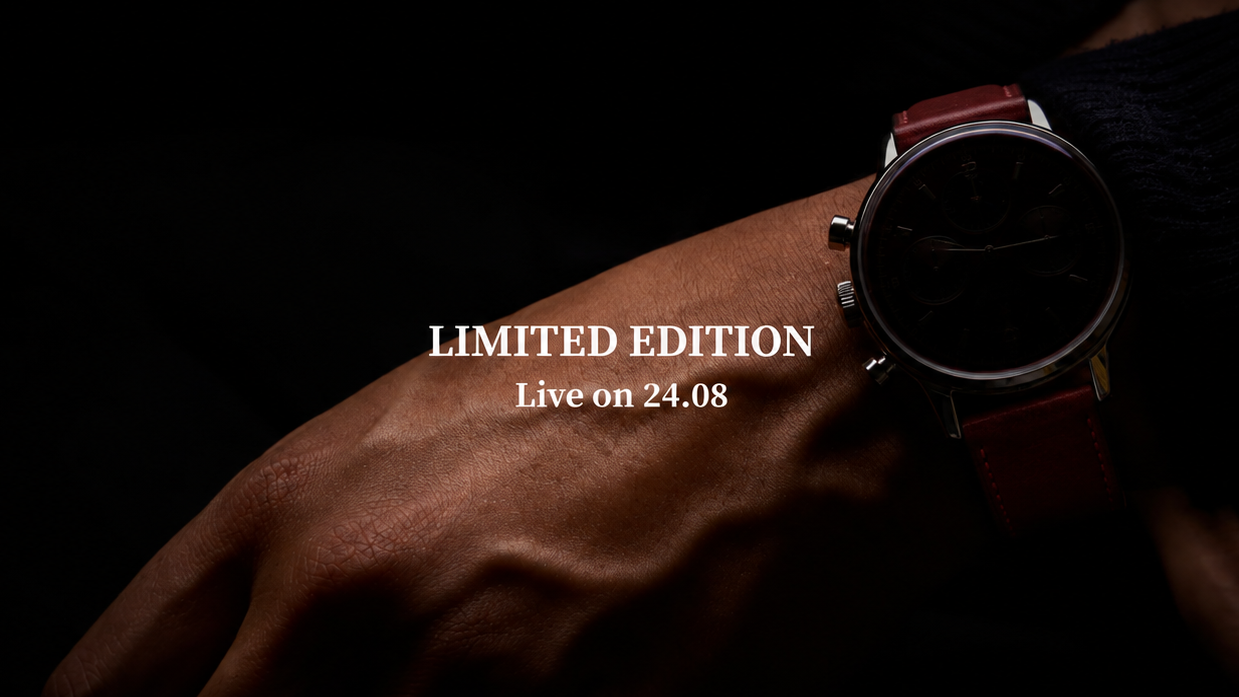 A wristwatch with a dark round dial and a reddish-brown leather strap worn on a person's wrist against a black background, with white text reading 'LIMITED EDITION Live on 24.08'.
