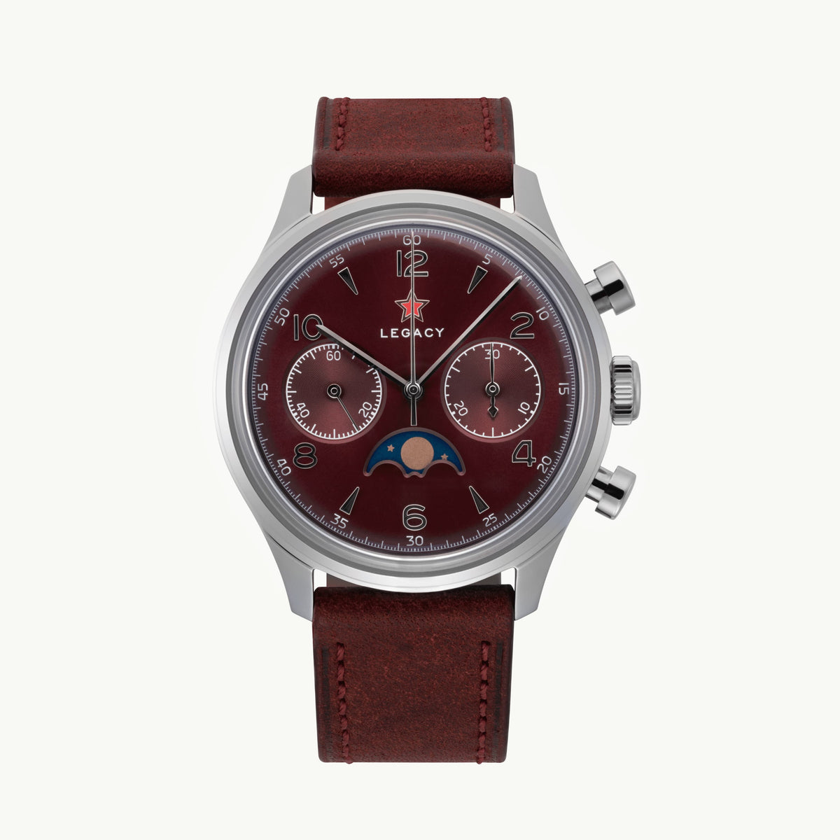 A luxury wristwatch with a silver-toned stainless steel case, a dark red dial featuring a moon phase indicator and the 'LEONACY' brand name, and a matching dark red leather strap.