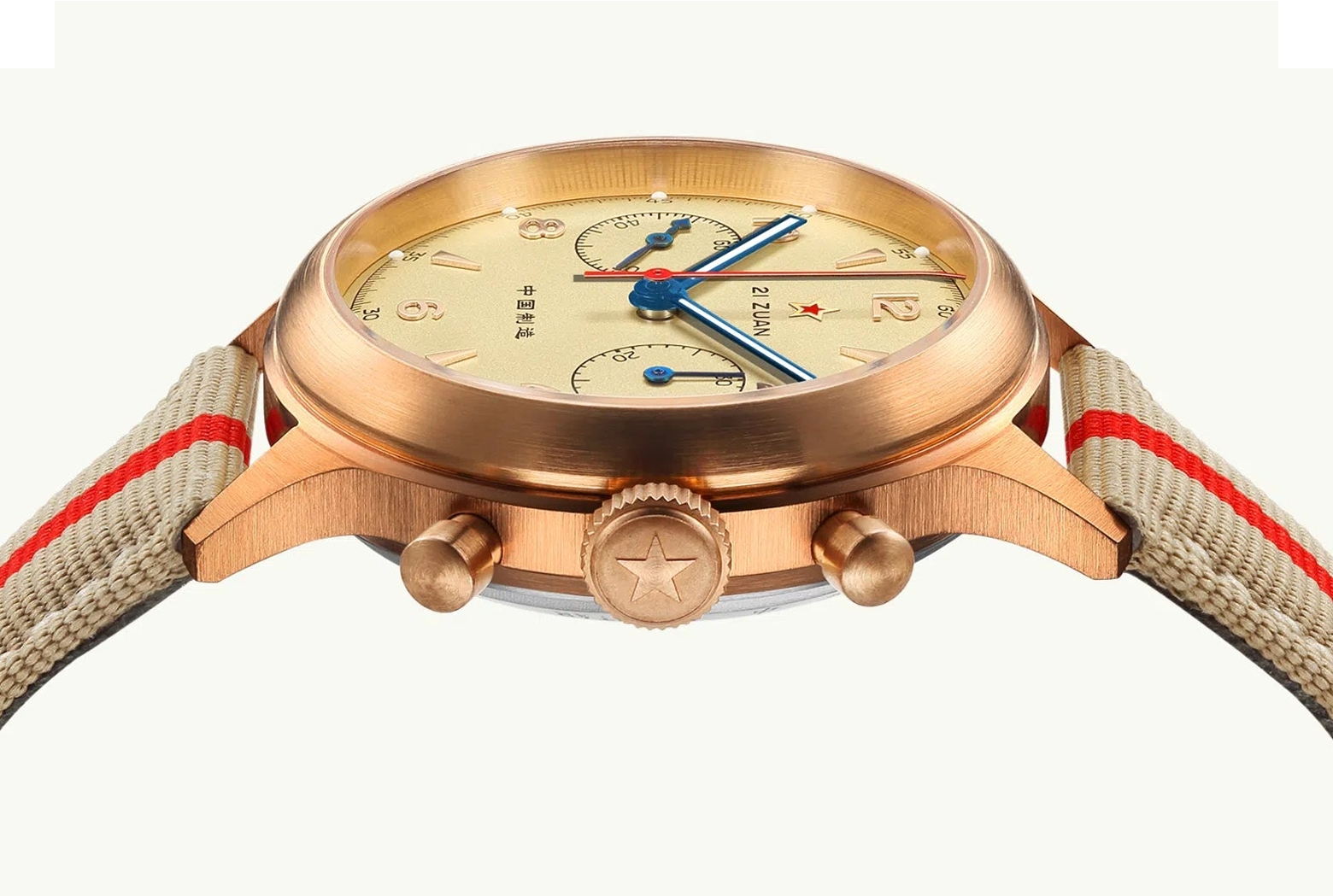 Seagull 1963 Bronze Lume Edition 38 with cream dial and fabric strap, top view